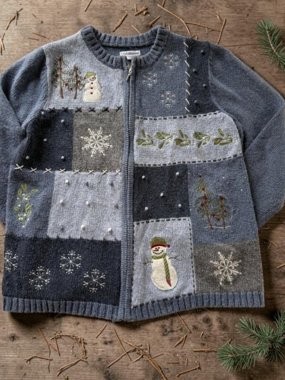 Vintage Croft & Barrow Womens M Christmas Sweater Snowman Embroidered Zip
